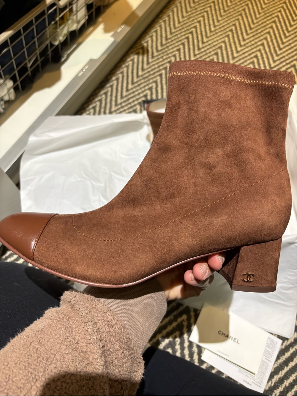 CHANEL Brown Suede Cap-Toe Ankle Boots